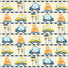 Obraz premium vector cartoon seamless pattern with vehicles in city road, traffic signs, building