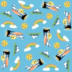 Foto op Canvas vector cartoon seamless pattern with cute plane, sky objects and mountains © Bhonard21