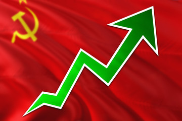Soviet Union economy graph is indicating positive growth, green arrow going up with trend line. Business concept on national background.