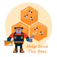 Beekeeping concept with beekeper in hat and honey combs cartoon vector illustration. Honey, flying bees, and dipper with honey. Help save the bees.