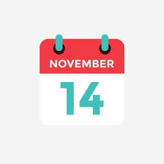 Flat icon calendar 14 November. Date, day and month. Vector illustration.