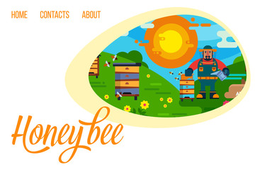 Beekeeping and honey web template with honey hives, sun, beekeeper and bees, vector illustration. Layout landing page template with honey and apiary.