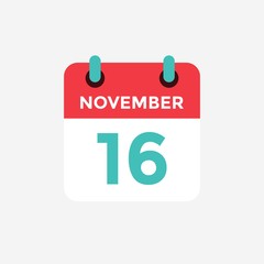 Flat icon calendar 16 November. Date, day and month. Vector illustration.