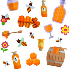 Honey packaging vector pattern. Natural and farm honey packaging in barrels, jars, bottles. Bees, flowers and sticks of honey cartoon illustration.