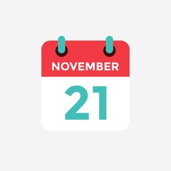 Flat icon calendar 21 November. Date, day and month. Vector illustration.