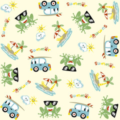 Obraz premium vector cartoon seamless pattern with frog, car at summer
