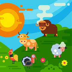 Farm animals and birds or stockyard vector illustration. Cartoon cow, sheep and bull, turkey and chicken on green field with flowers and sun and clouds. Stockyard animals for kids book.