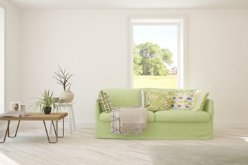 Stylish room in white color with sofa. Scandinavian interior design. 3D illustration