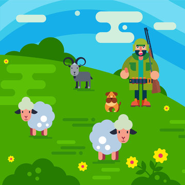 Shepherd with gun and dog herding flock of white sheeps cartoon vector illustration. Man breeding sheep wool. Field farmland countryside landscape with shepherd and sheeps. © creativeteam