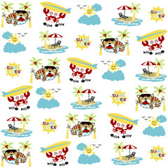 vector cartoon seamless pattern with little cat and crab in the beach