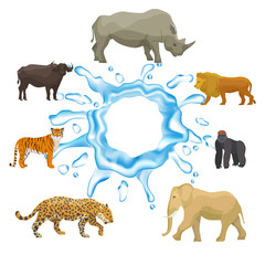 Wild animals with splash of water isolated on white background vector collection. Tiger, elephant, hippo and yak, lion with gorilla. In need for pure water wild animals protection.