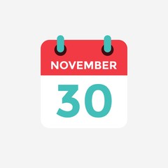 Flat icon calendar 30 November. Date, day and month. Vector illustration.