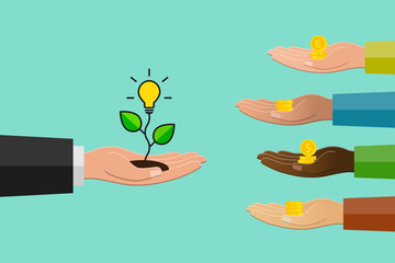 Crowdfunding concept in flat design. Hand holding light bulb as idea symbol and others donating money.
