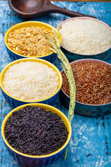 Different types of rice, white basmati, jasmine, arborio, brown and black
