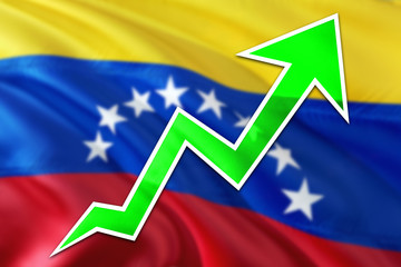 Venezuela economy graph is indicating positive growth, green arrow going up with trend line. Business concept on national background.