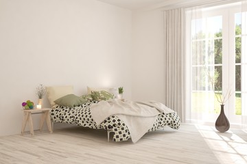 Stylish bedroom in white color with smmer landscape in window. Scandinavian interior design. 3D illustration
