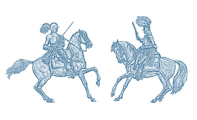 Fototapeta premium Mounted knights illustration. Mounted cuirassier from thirty years war. Historical drawing. 