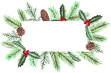 Naklejka na ściany i meble Watercolor Christmas banner with fir branches and place for text. Illustration for greeting cards and invitations isolated.