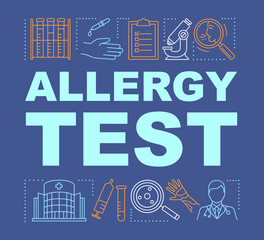 Allergy test word concepts banner. Allergic reactions diagnosis. Symptoms laboratory analysis. Presentation, website. Isolated lettering typography idea with linear icons. Vector outline illustration