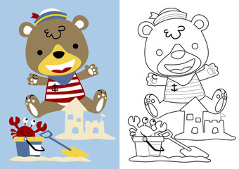 vector cartoon of cute bear and crab build a sand castle. Coloring page or book