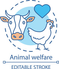 Animal welfare, care concept icon. Voluntary wildlife protection idea thin line illustration. Veterinary clinic. Heart symbol, chicken and cow vector isolated outline drawing. Editable stroke