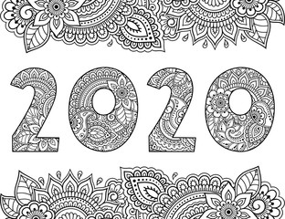 Highly detailed decorative floral pattern in mehndi style in the shape of figure 2020. Contour drawing filled with flower ornament - coloring book page. Doodle outline hand draw vector illustration.