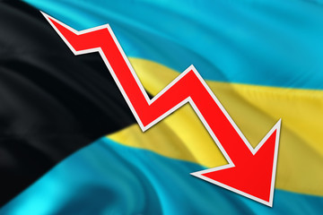 Bahamas economy graph is indicating negative growth, red arrow going down with trend line. Business concept on national background.