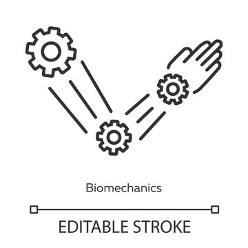 Biomechanics linear icon. Studying and copying body movements. Robot arm. Bioengineering. Thin line illustration. Contour symbol. Vector isolated outline drawing. Editable stroke