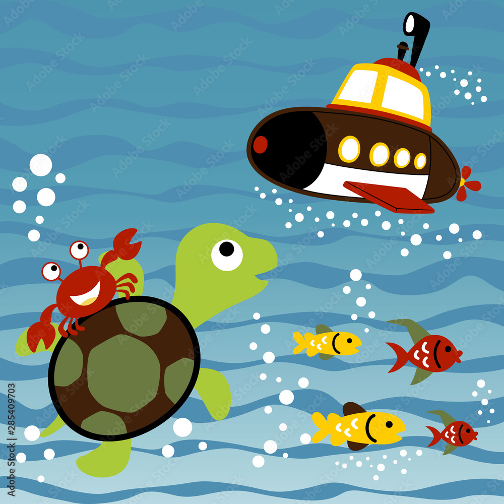 Wall mural vector cartoon of submarine with cute sea animals