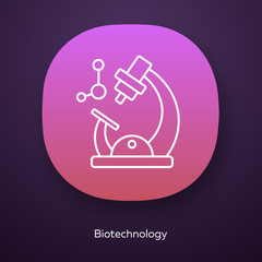 Biotechnology app icon. Biotech. Molecular biology. Microscope and molecule. Biochemistry. Bioengineering. UI/UX user interface. Web or mobile application. Vector isolated illustration