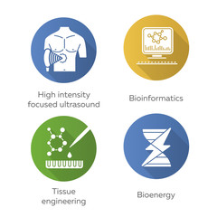Biotechnology flat design long shadow glyph icons set. Bioengineering. High intensity focused ultrasound, bioinformatics, tissue engineering, bioenergy. Vector silhouette illustration
