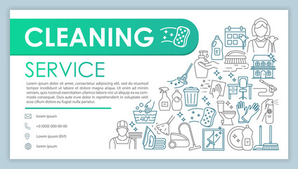 Fototapeta na wymiar Cleaning service web banner, business card vector template. Housekeeping company contact page with phone, email linear icons. Presentation, web page idea. Cleaners corporate print design layout