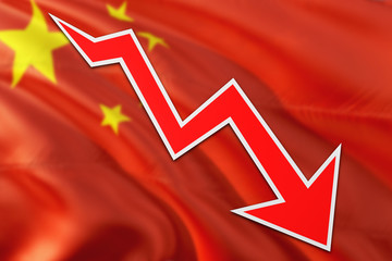 China economy graph is indicating negative growth, red arrow going down with trend line. Business concept on national background.