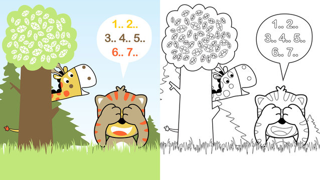 tiger and giraffe playing hide and seek, vector cartoon, coloring page or book