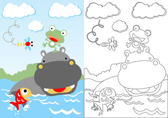 hippo with little friends playing water, vector cartoon, coloring page or book