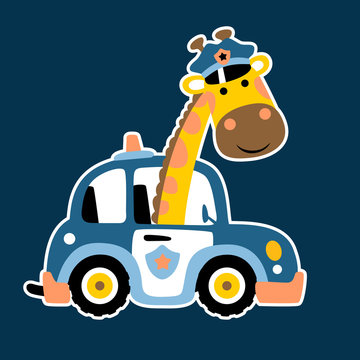 giraffe on police car, vector cartoon illustration
