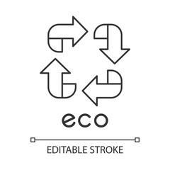 Eco label linear icon. Four angled arrow signs. Recycle symbol. Alternative energy. Environmental protection sticker. Thin line illustration. Contour symbol. Vector isolated drawing. Editable stroke