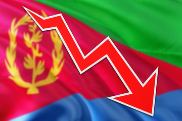 Eritrea economy graph is indicating negative growth, red arrow going down with trend line. Business concept on national background.