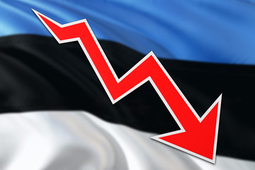 Estonia economy graph is indicating negative growth, red arrow going down with trend line. Business concept on national background.