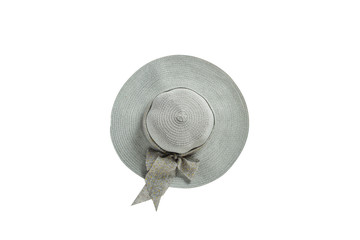 Female hat with wide brim on a white background. Flat lay, top view