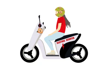 Foto op Plexiglas Vector illustration with girl riding a scooter text on a white background © Candlelight