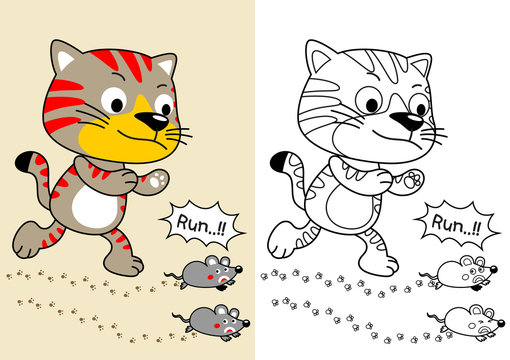 cat hunting mice, vector cartoon illustration, coloring page or book