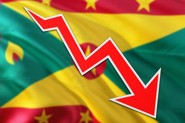 Grenada economy graph is indicating negative growth, red arrow going down with trend line. Business concept on national background.