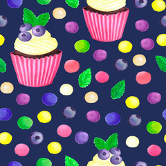 pattern of watercolor colored dots cupcake with blueberries
