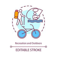 Recreation outdoors concept icon. Active rest, hiking, riding bicycle idea thin line illustration. Lake tourism, river vacation, fishing. Vector isolated outline drawing. Editable stroke
