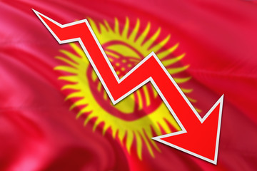 Kyrgyzstan economy graph is indicating negative growth, red arrow going down with trend line. Business concept on national background.