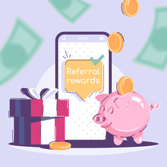 Referral rewards social media post mockup. Internet advertising web banner design template. Marketing campaign social media booster, content layout. Promotion poster, print ads with flat illustrations