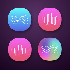 Sound waves app icons set. Audio waves. Sound recording. Music rhythm logotype. Soundwave, digital waveform frequency. UI/UX user interface. Web or mobile applications. Vector isolated illustrations