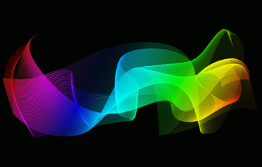 Wave of the many colored lines. Abstract wavy stripes on a black background. Line art design concept.