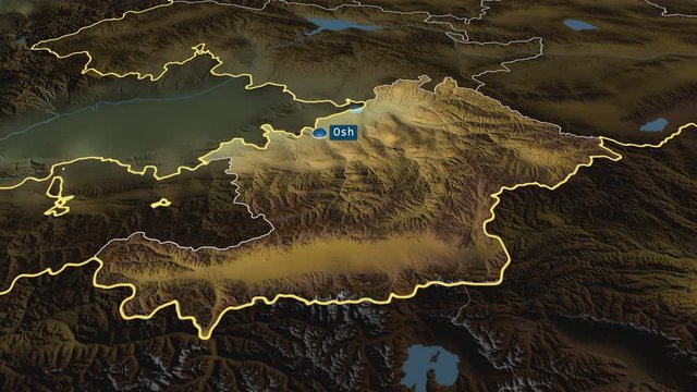 Osh - province of Kyrgyzstan with its capital zoomed on the physical map of the globe. Animation 3D